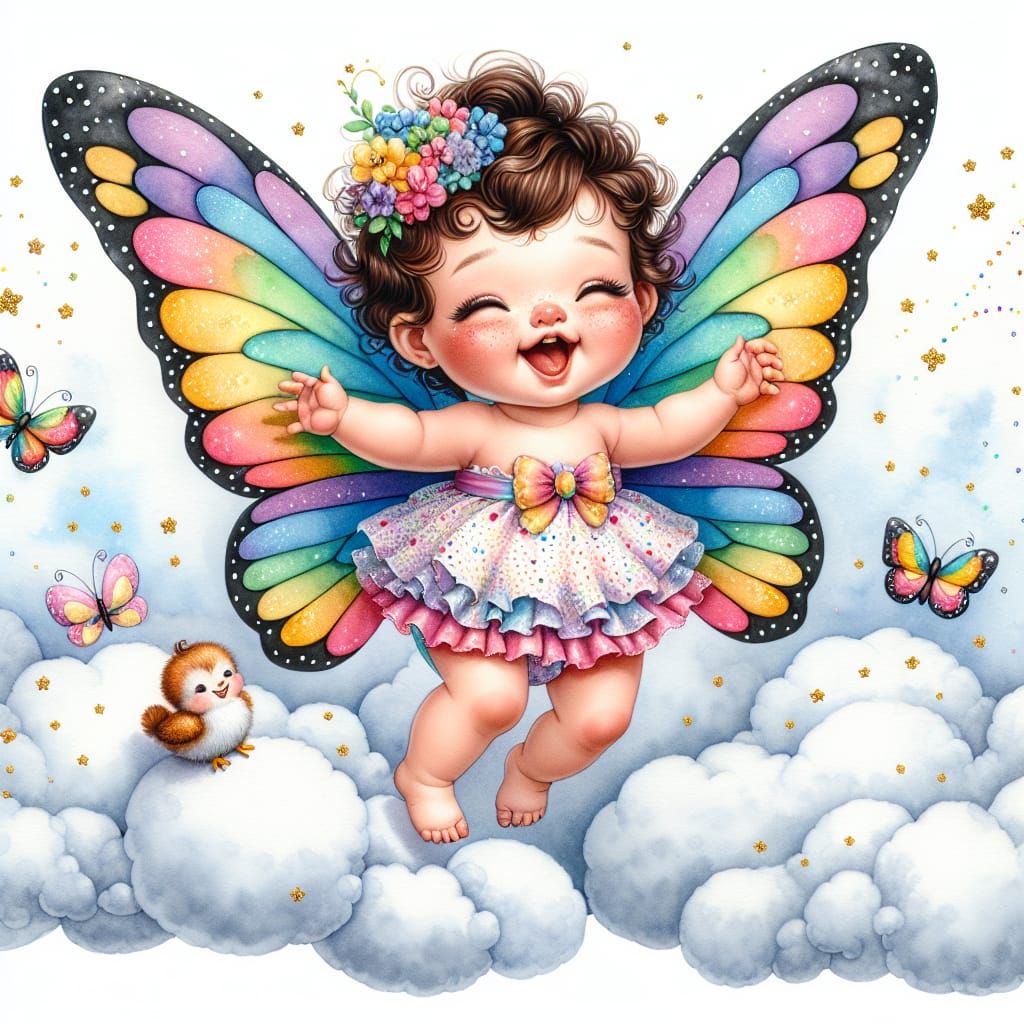 Whimsical Watercolor Baby Soars with Rainbow Butterfly Wings