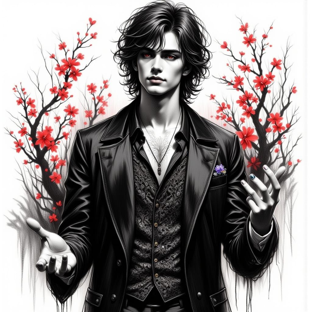 Young Man in Lace: Ornate Black and White Sketch