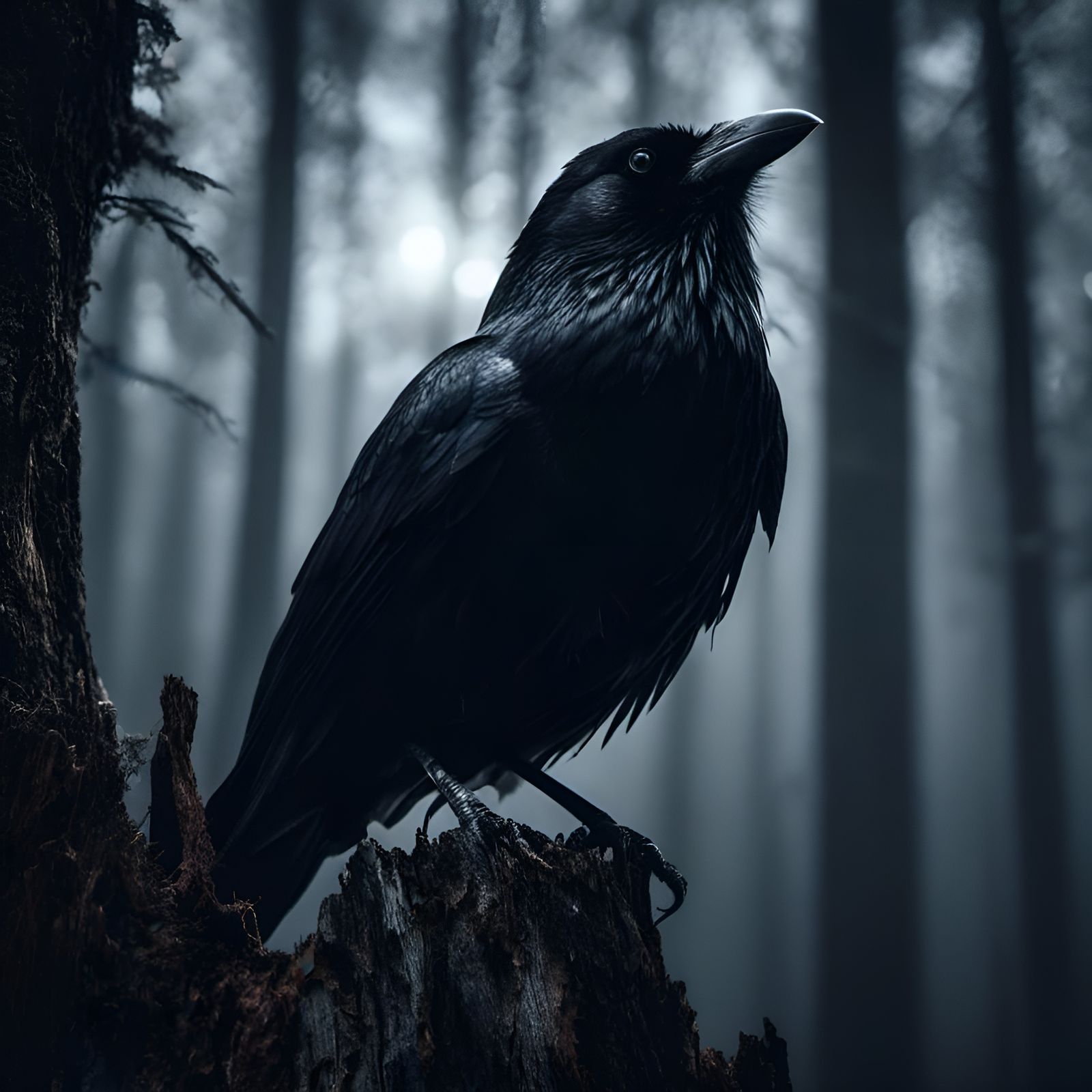 Moonlit Raven in Forest: Soft Focus Monochrome