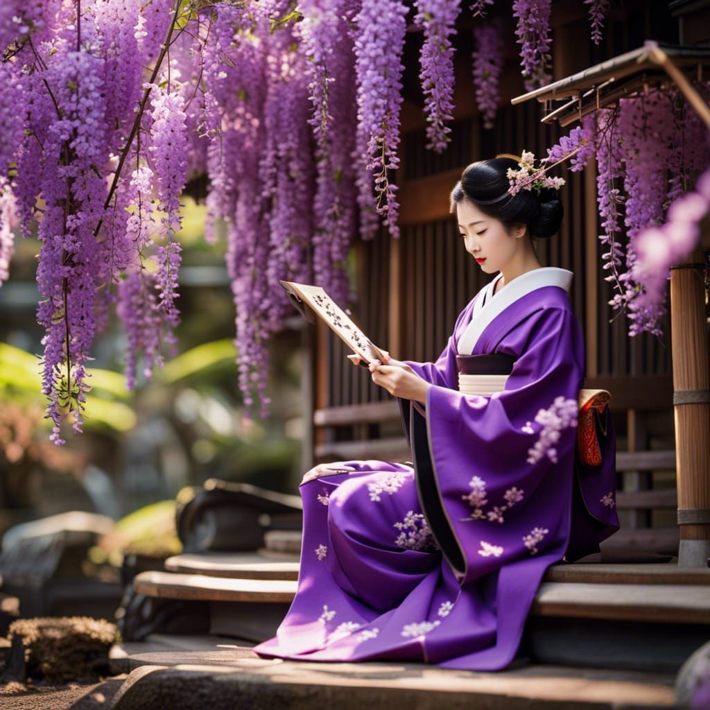 Geisha Calligraphy with Wisteria in Nihongo Art Style