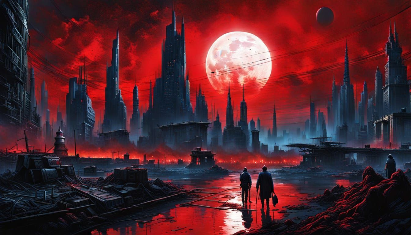 Dystopian Noir Cityscape with Red Moon, Eerie Masterpiece