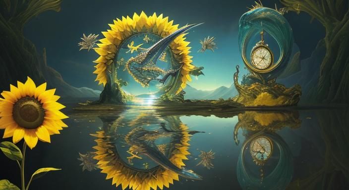 Surreal Crystal Sunflower, Dragon, and Floating Clock