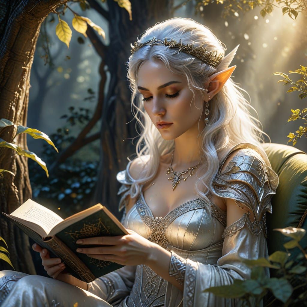 Stoic Elf Maiden Reads Tome in Watercolor Style