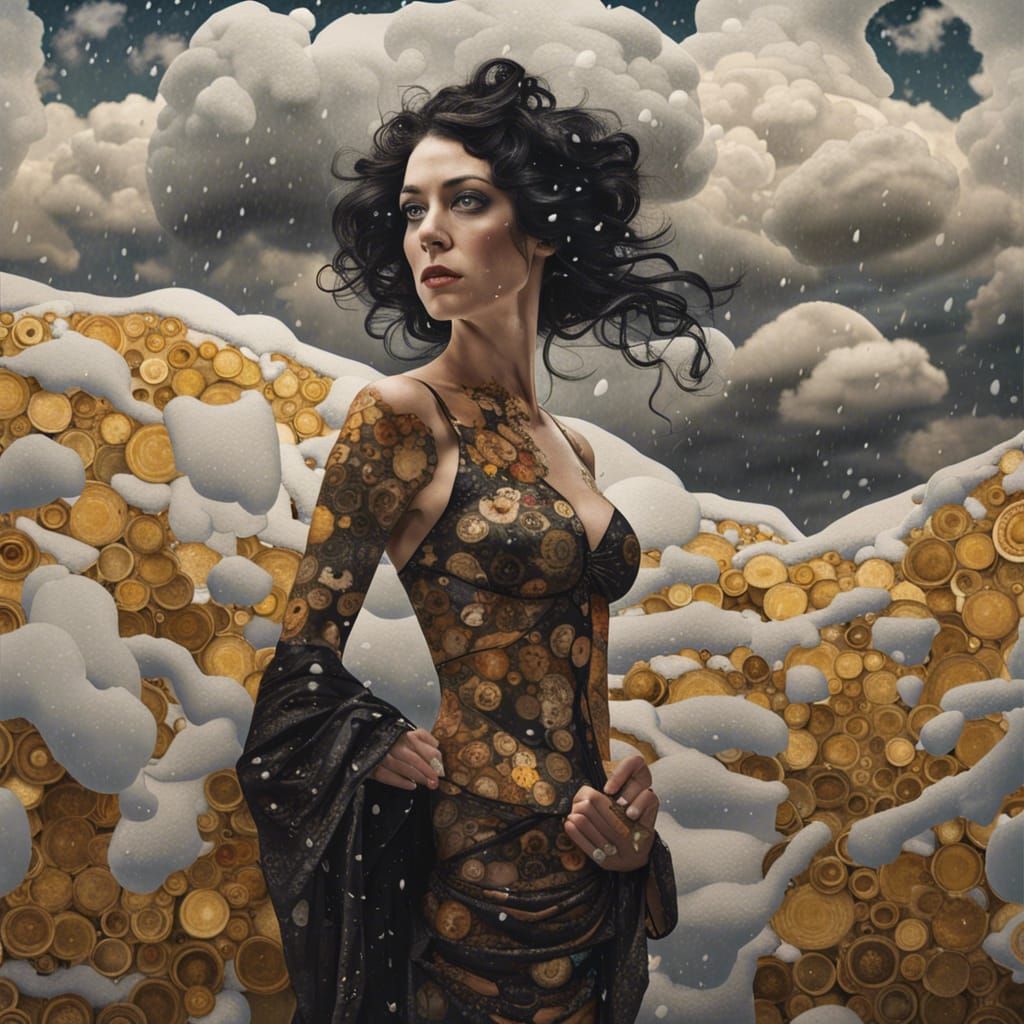 Woman in Snow, Klimt-Inspired Hyperreal Collage