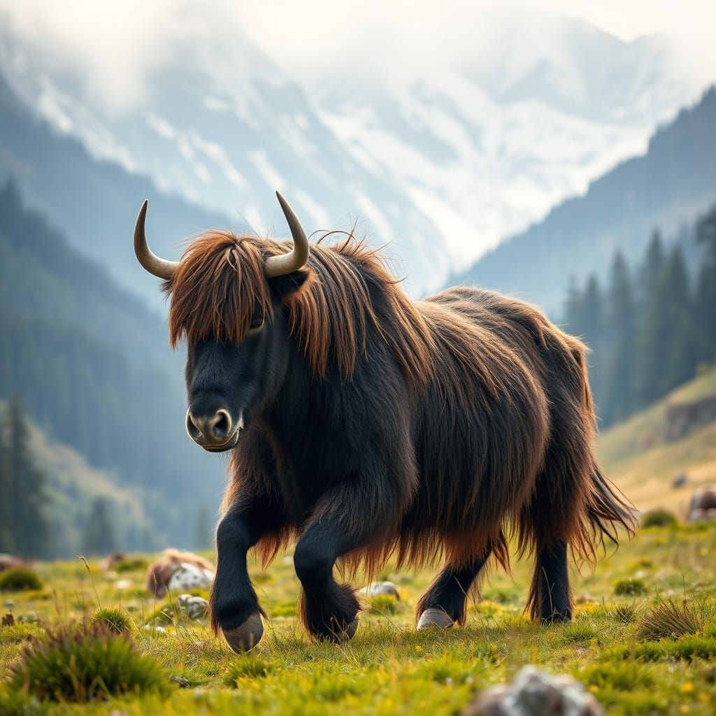 Majestic Yak-Horse Hybrid Roams Himalayan Meadow