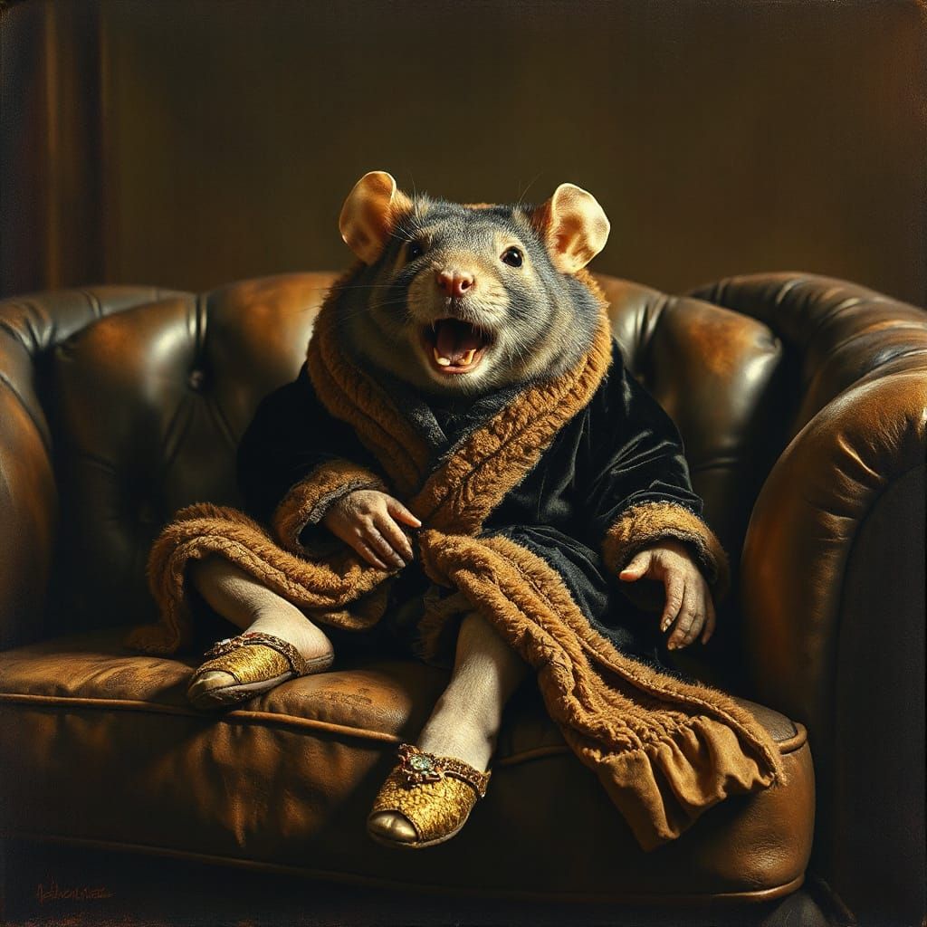 Cybernetic Rat King in Velvet Robe, Oil Painting Style
