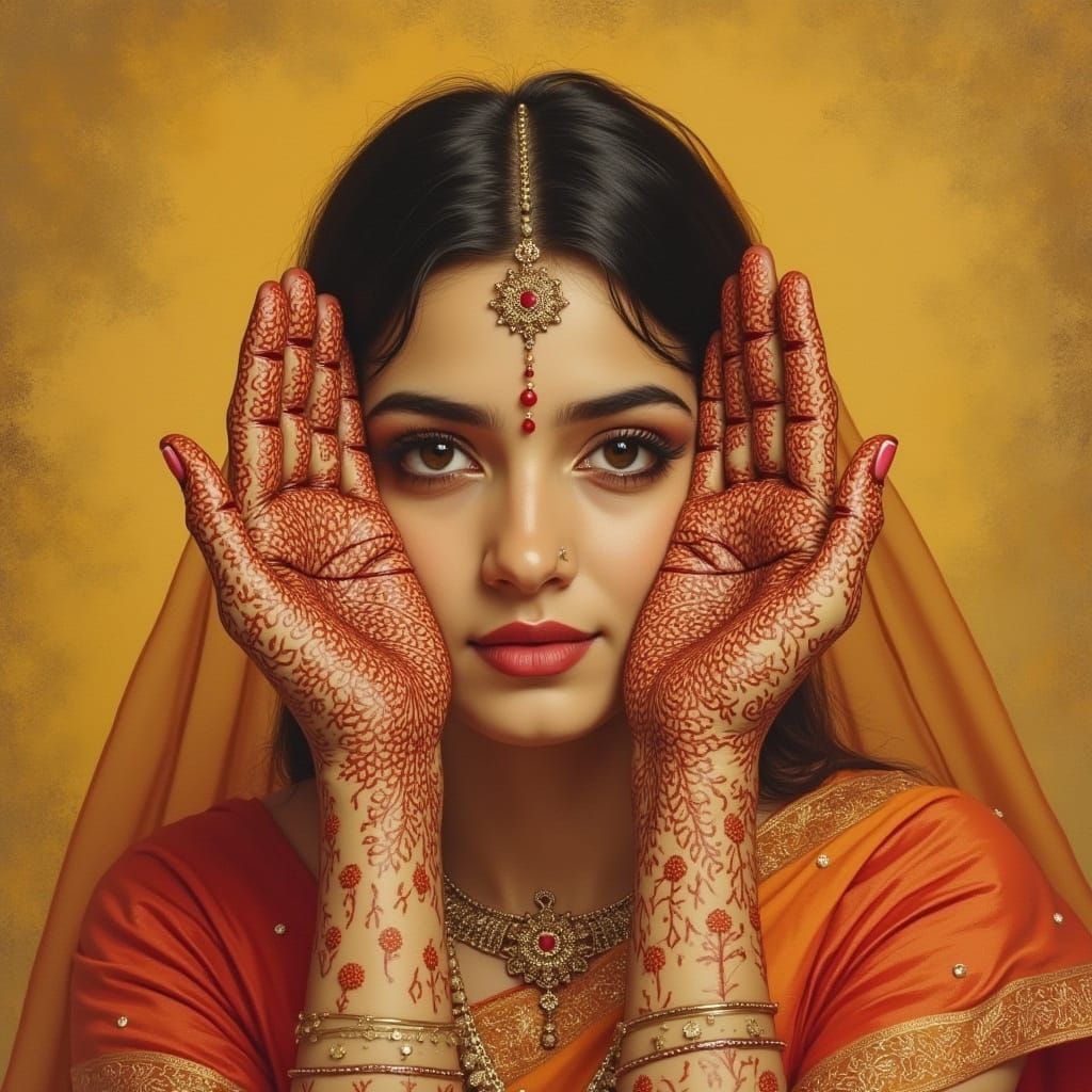 Traditional Indian Mehndi Art on Young Woman's Hands and Fee...