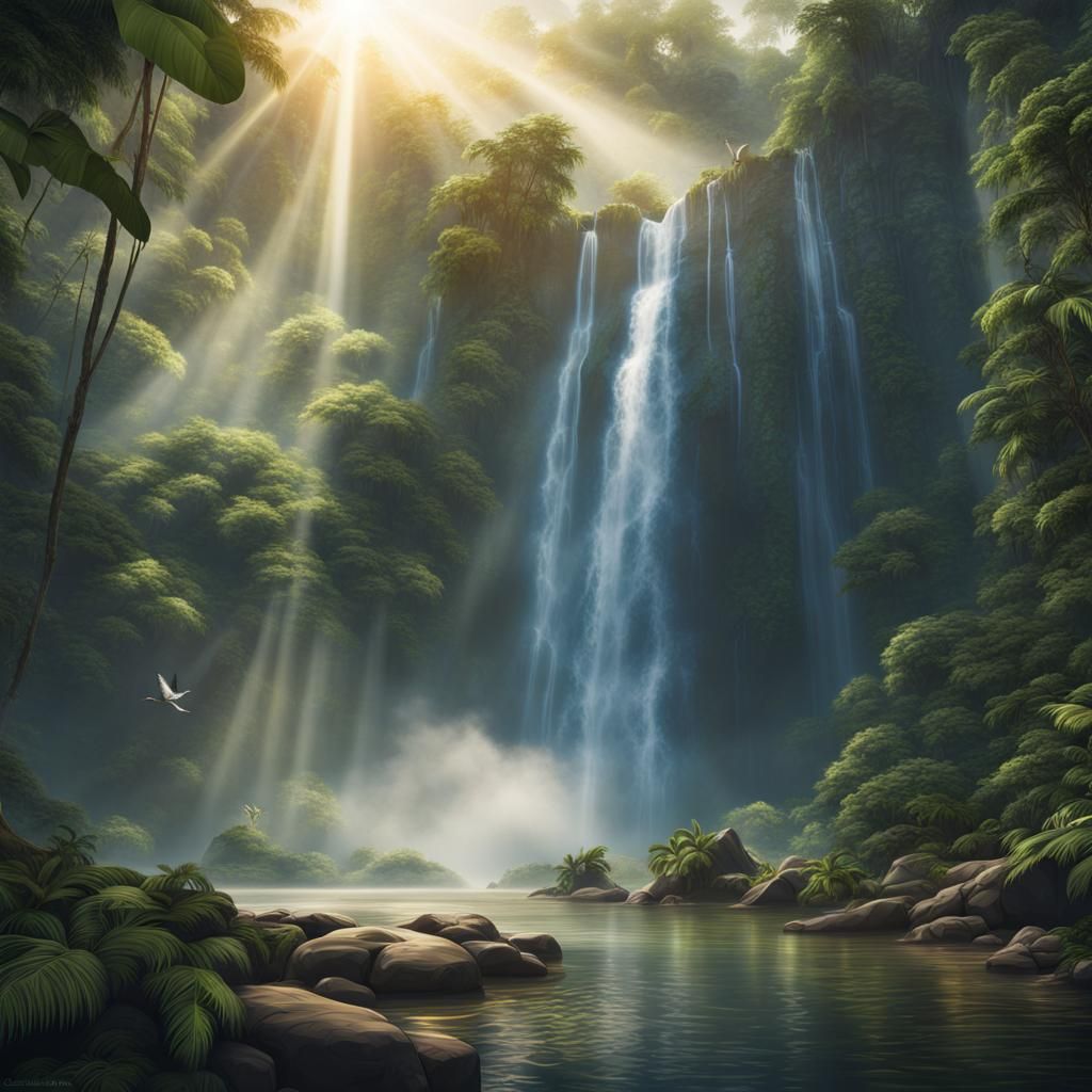 Hyperrealistic Jungle Waterfall with Sun Rays