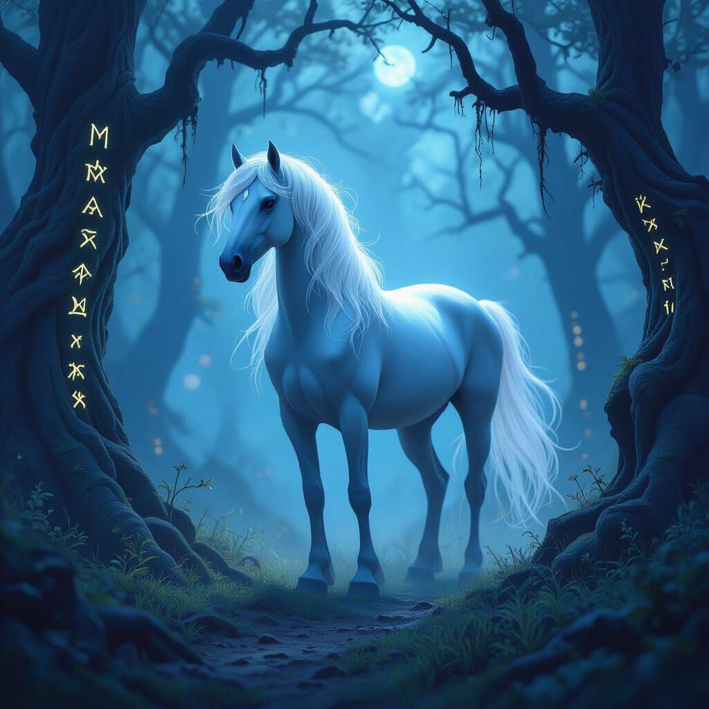 Ethereal Horse in Misty Forest, Dark Fantasy Art