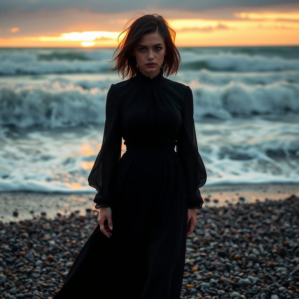 Melancholic Woman on Pebble Beach at Sunrise