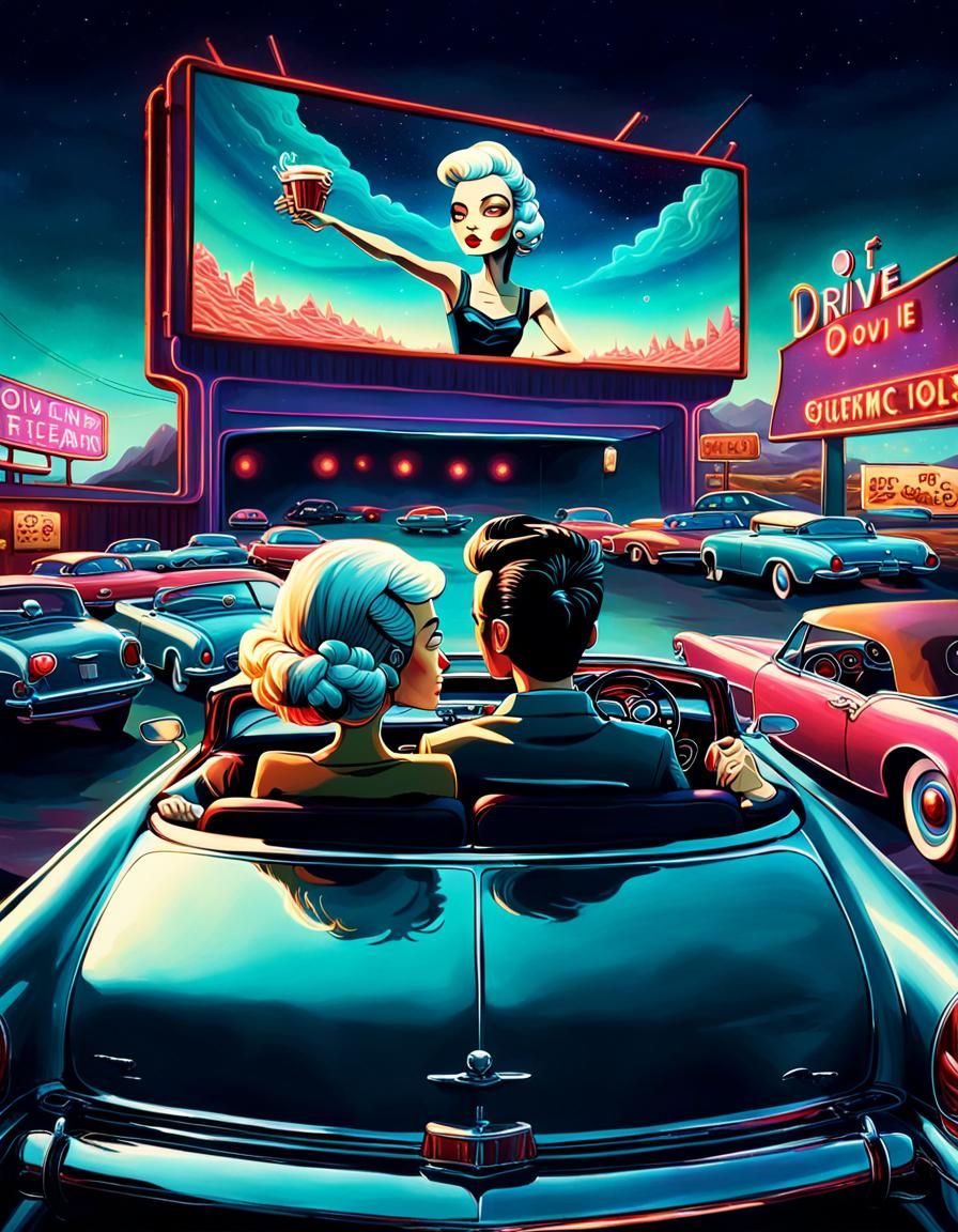 Drive-In Movie Scene in Benjamin Lacombe Style