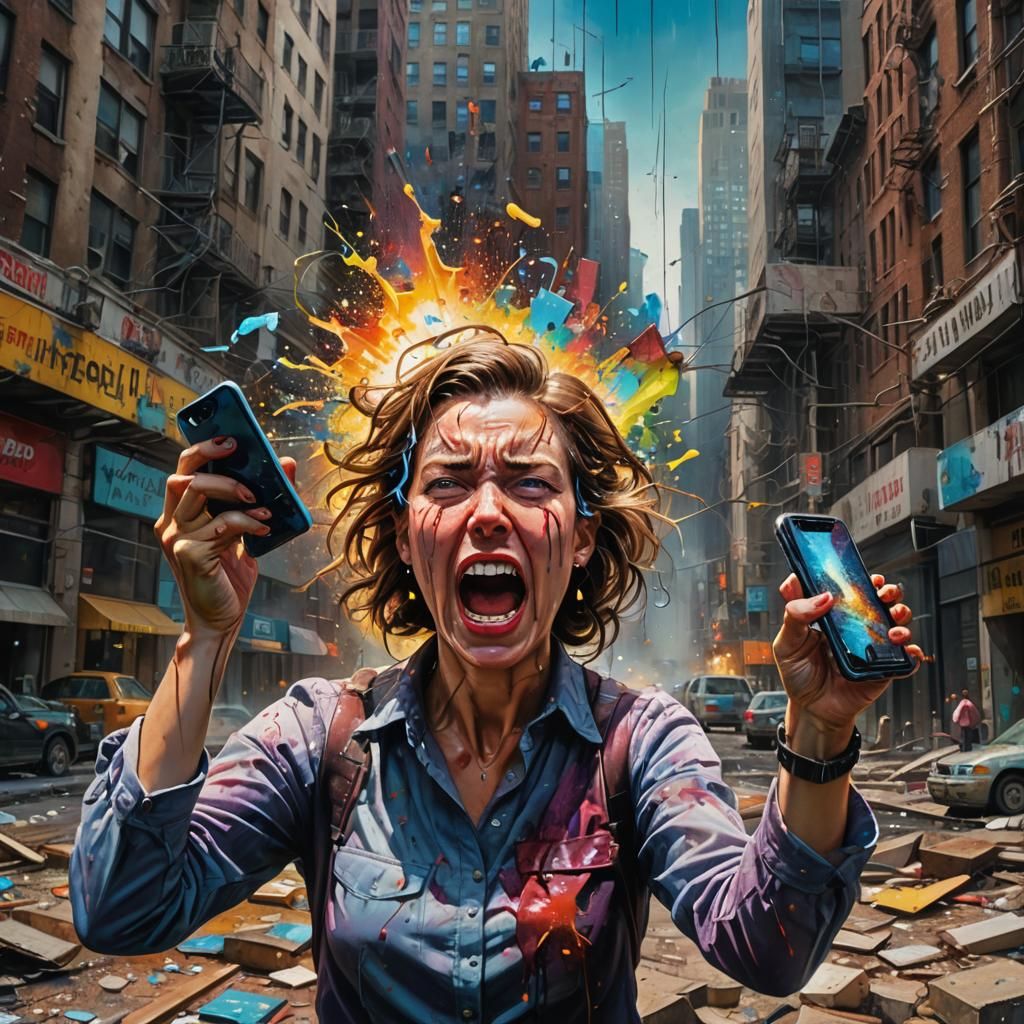Shocked Woman with Phone in Crumbling Cityscape