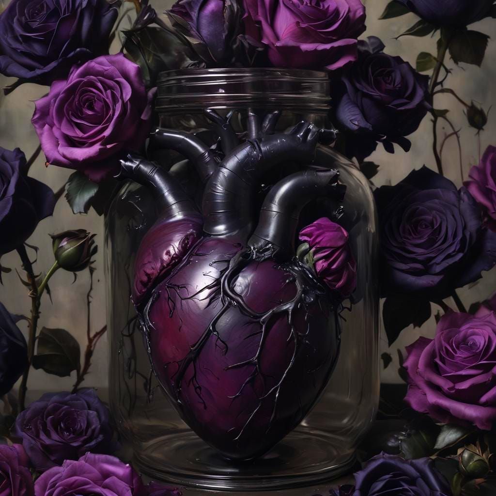 Anatomical Heart in Jar with Dark Roses