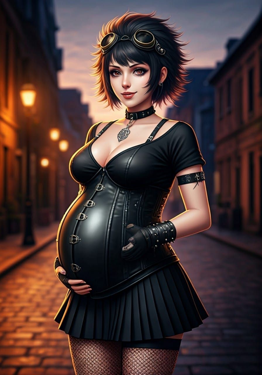Pregnant Goth Woman in Cyberpunk Cityscape