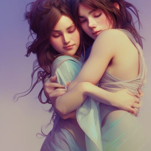 Girls Hugging: Detailed Portrait in Digital Art Style