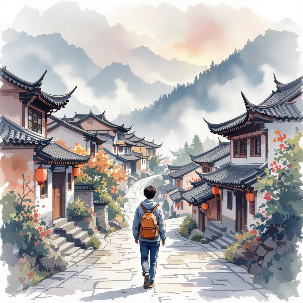 Teenager Walks Through Chinese Village: Watercolor Art