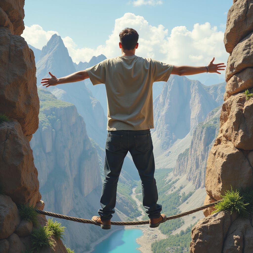 Highline Walker Between Cliffs in Comic Book Style