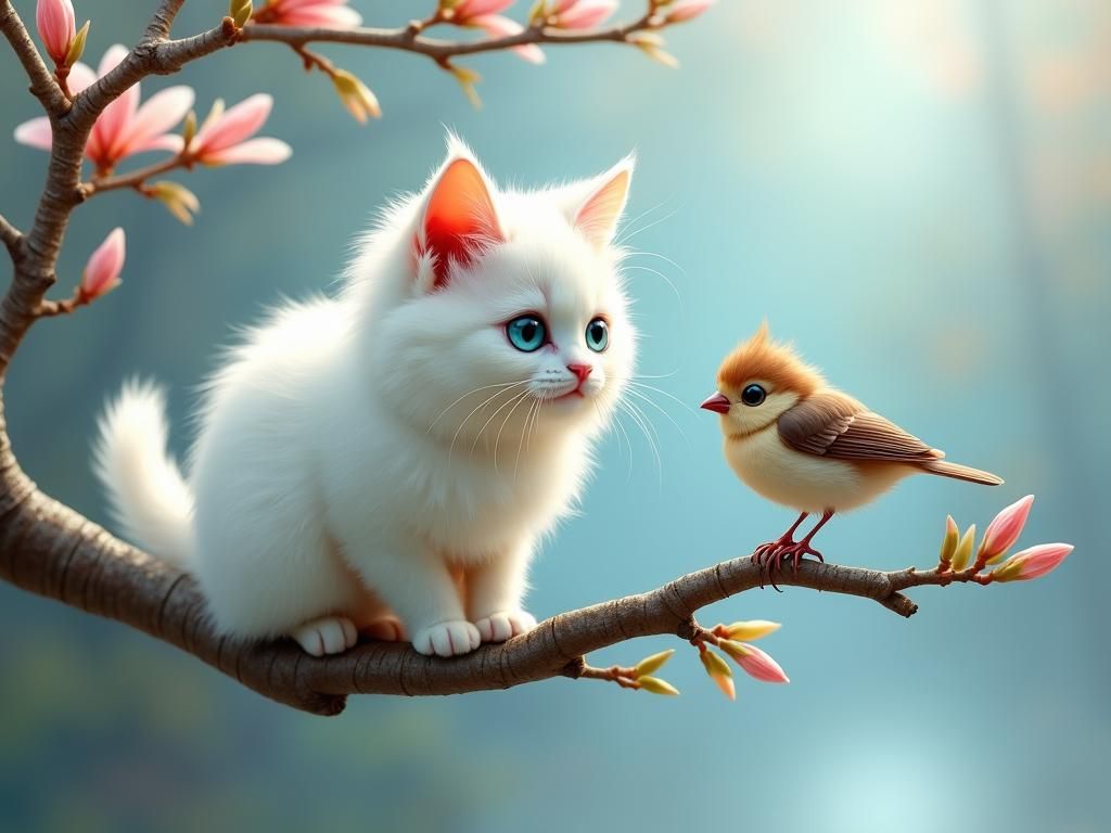 Chibi Cat Stalking Songbird: Dreamy Oil Painting