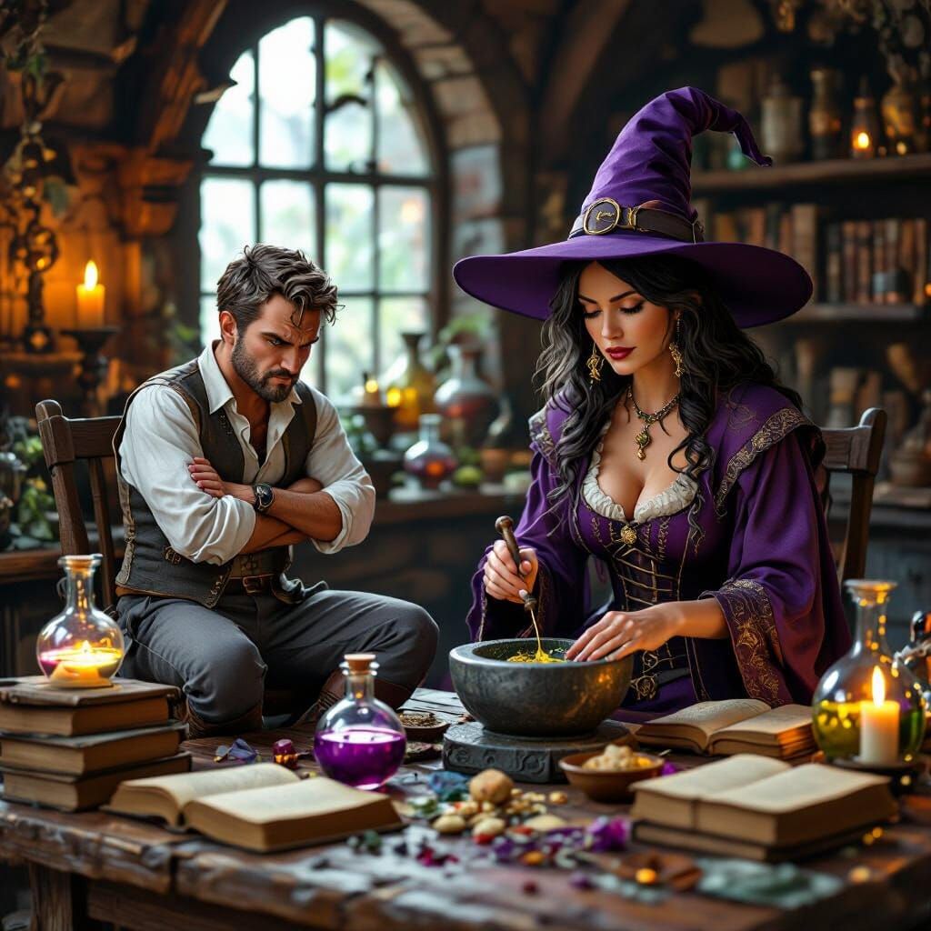 Miniature Angry Man Beside Witch Grinding Ingredients