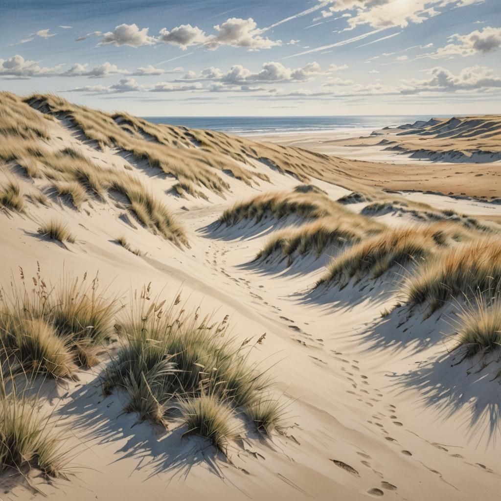 Coastal Dunes: Realistic Pencil Sketch Landscape