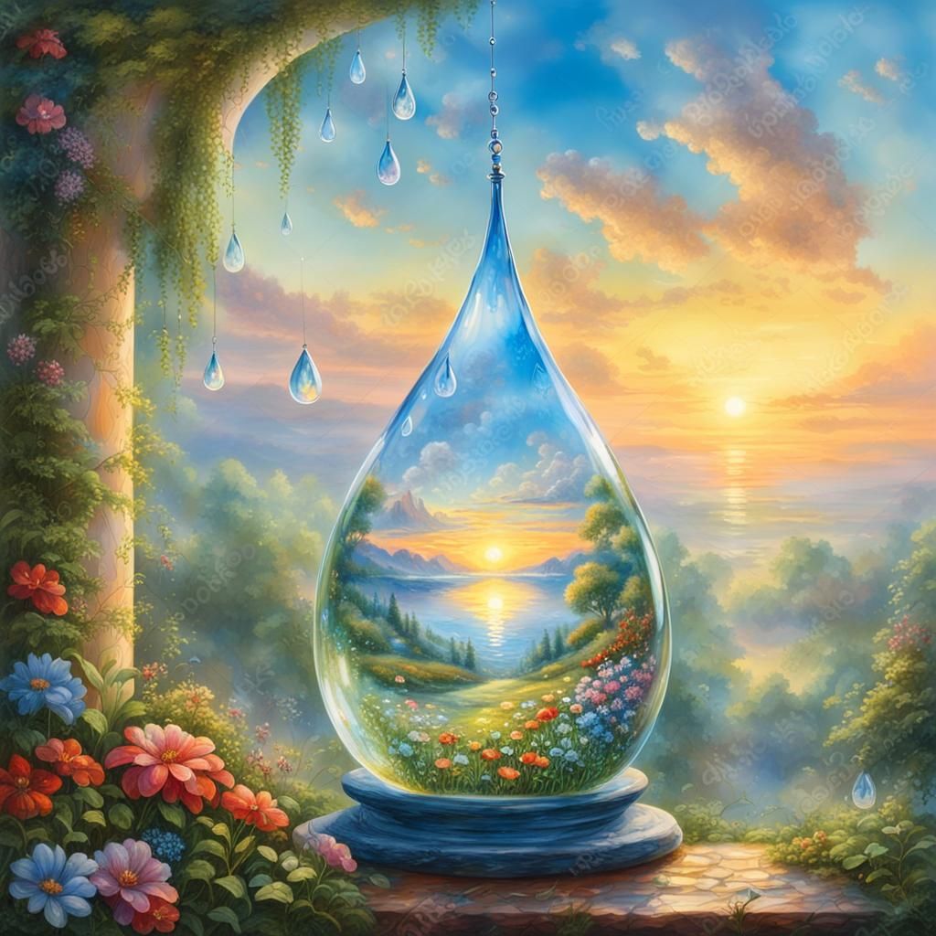 Summer Landscape Sunset in Glass Raindrop
