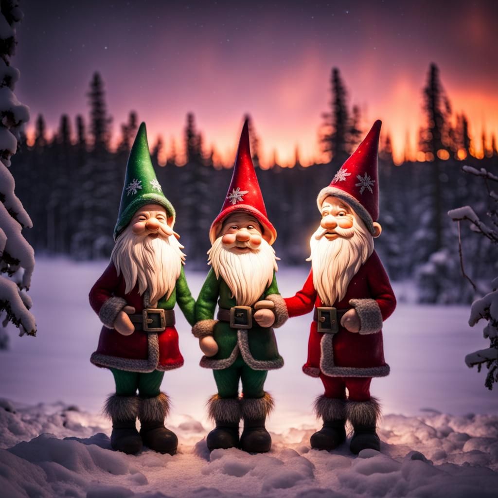 Christmas Gnomes Dancing Under Northern Lights in Lapland