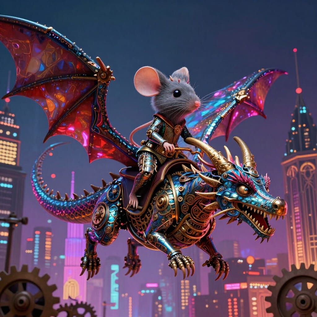 Clockwork Mouse Rides Dragon in Neon Cityscape