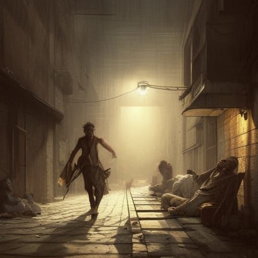 Homeless Man Sleeping Rough: Dark Fantasy Concept Art