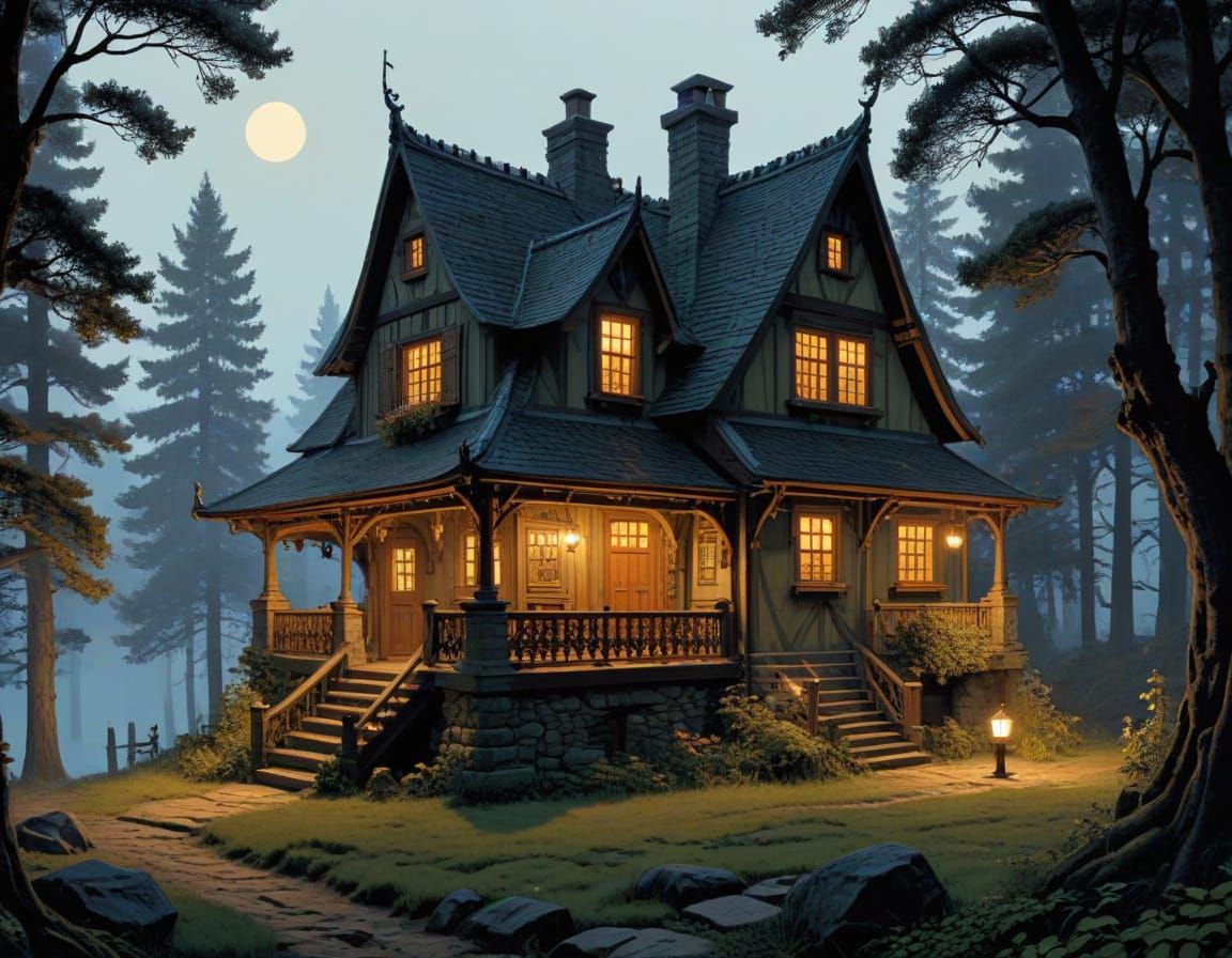 Intricately Detailed Cozy Home in Mignola-Bilibin Style