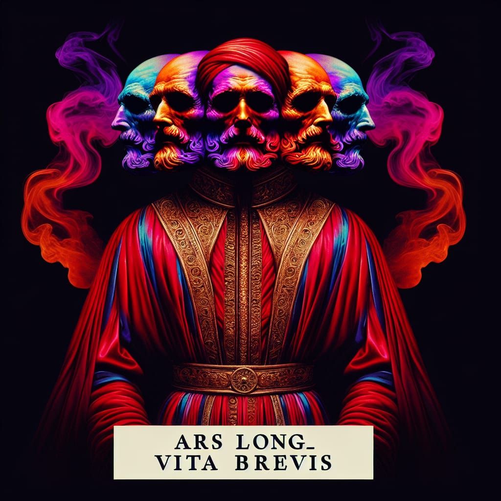 Psychedelic Four-Headed Figure with Latin Inscription