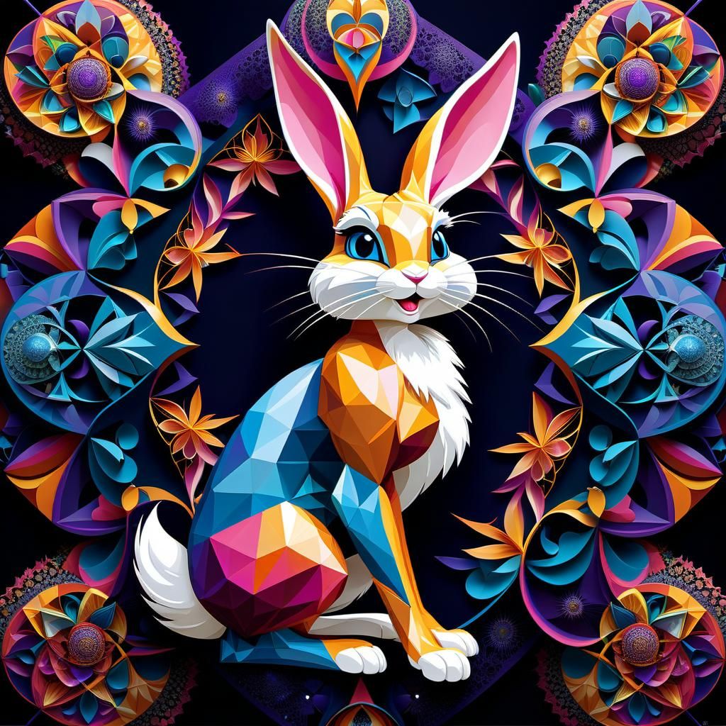 sacred geometry, an anthropomorphic beautiful Lola Bunny made of fractals and tesselations, geometric shapes and forms, ...