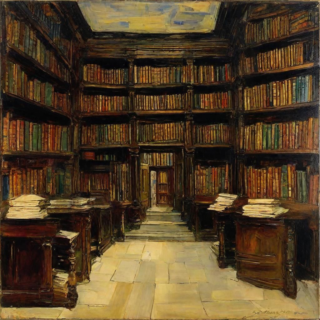 Ancient Library Interior in Impressionist Style
