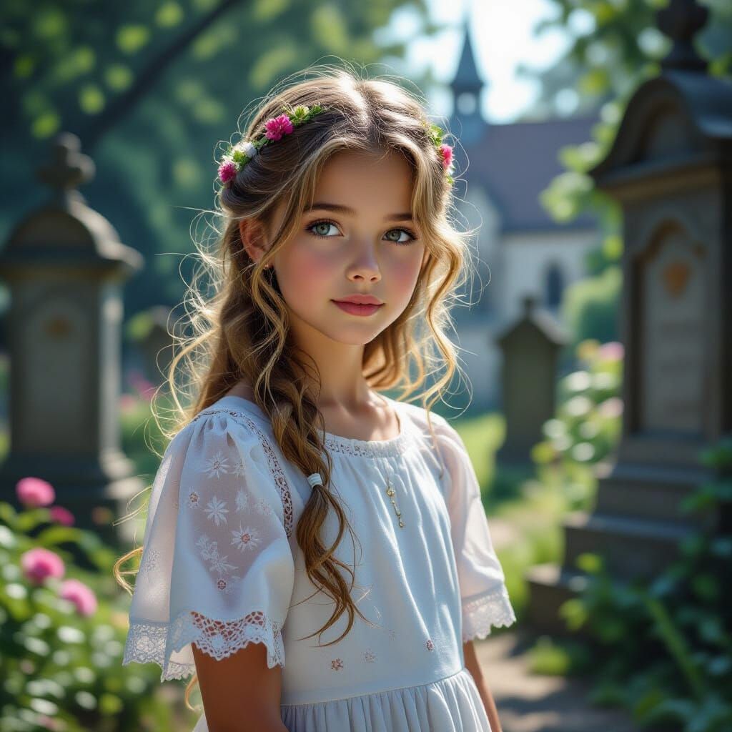 Girl Playing in Gothic Graveyard in Dark Fantasy Style