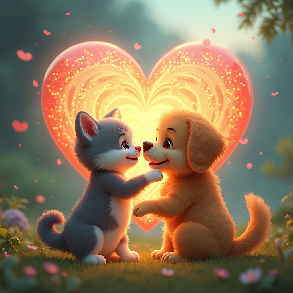 Kitten and Dog Embrace in Heartfelt Fantasy Art