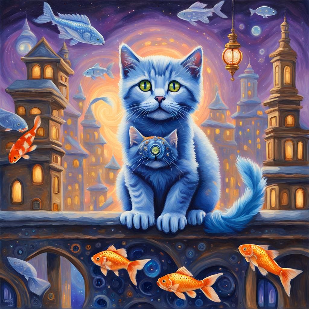 Clockwork Koi and Kitten in Dreamlike Acrylic Painting