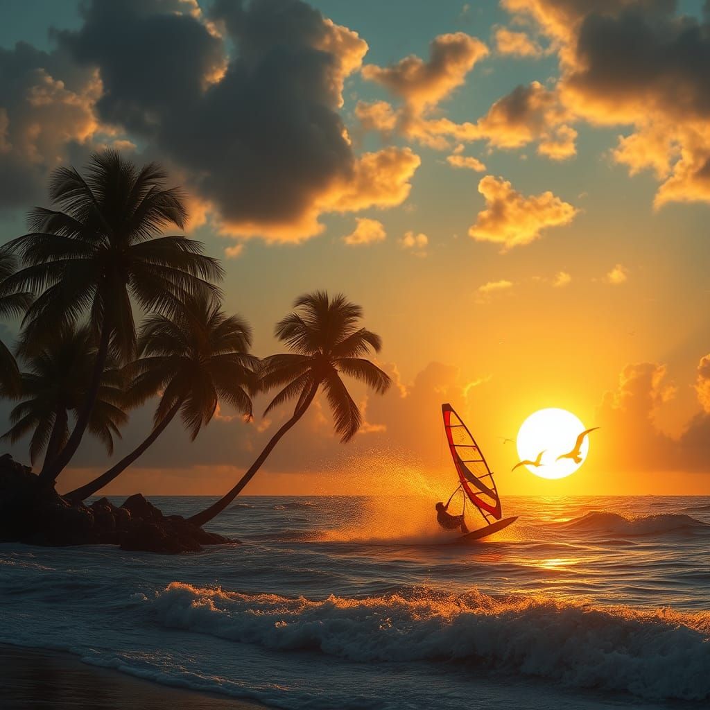 Windsurfer Rides Hurricane Waves at Sunset