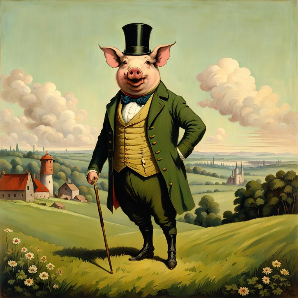 Victorian Pig on Meadow with Distant Mill