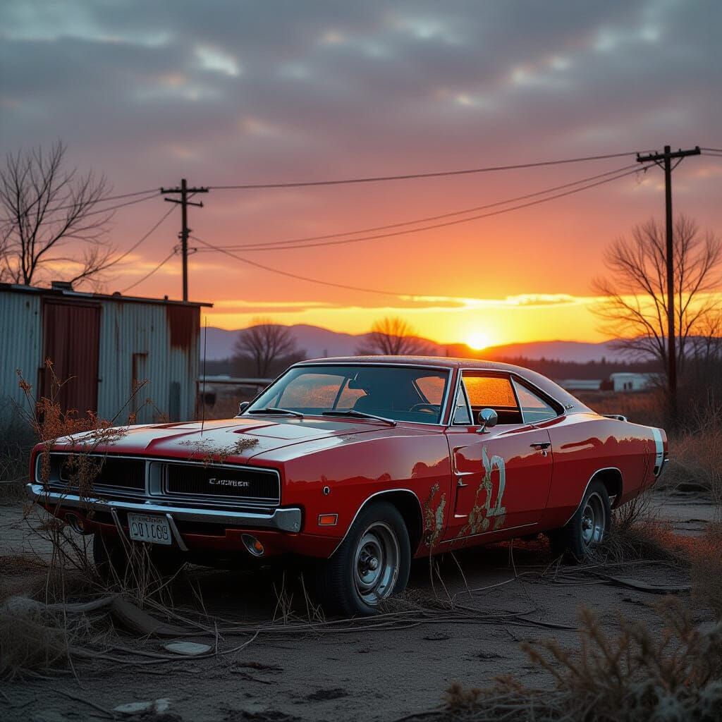 Abandoned 1969 Dodge Charger in Junkyard at Sunset