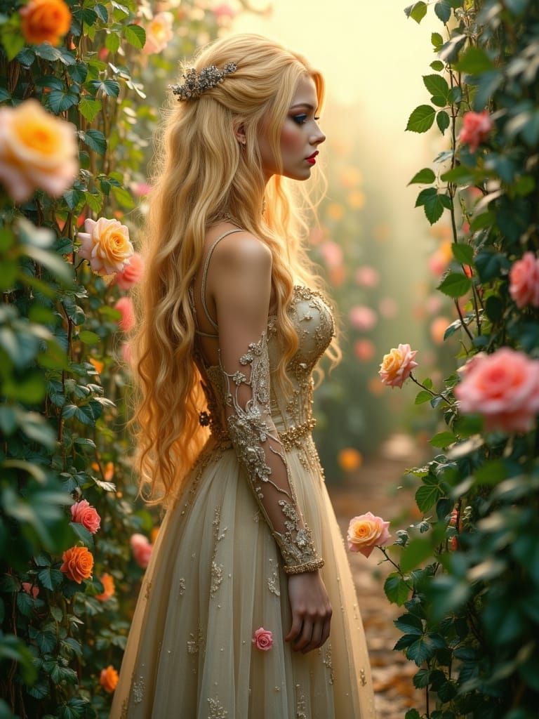 Princess in Rose Garden at Dawn with Aurora