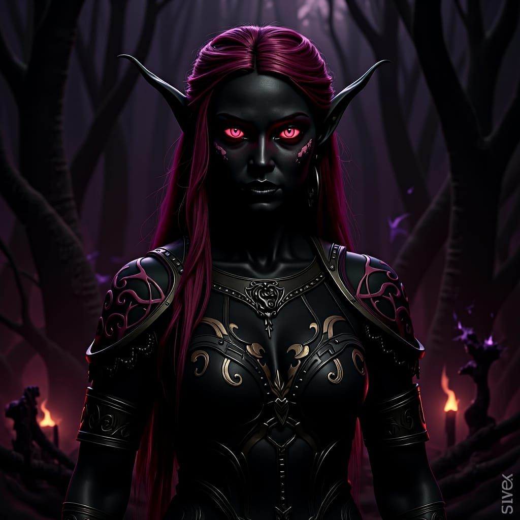Sinister Elven Woman in Detailed Gothic Setting