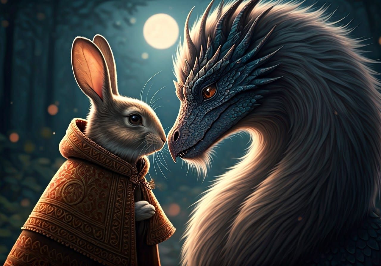 Enchanted Forest Meeting: Rabbit and Dragon