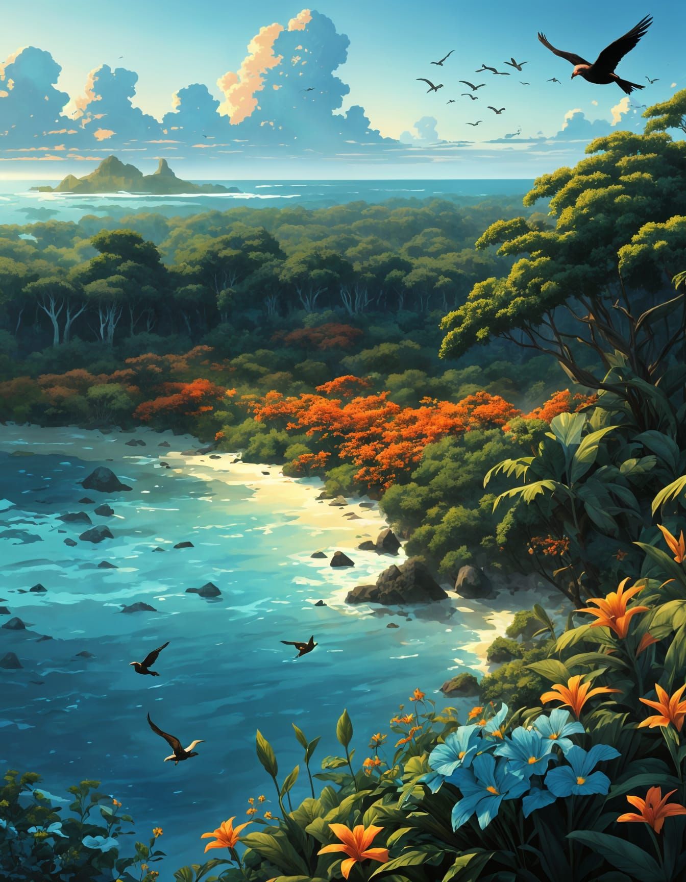 Tropical Mayan Ruins Under Nebula Sky: Anime Style