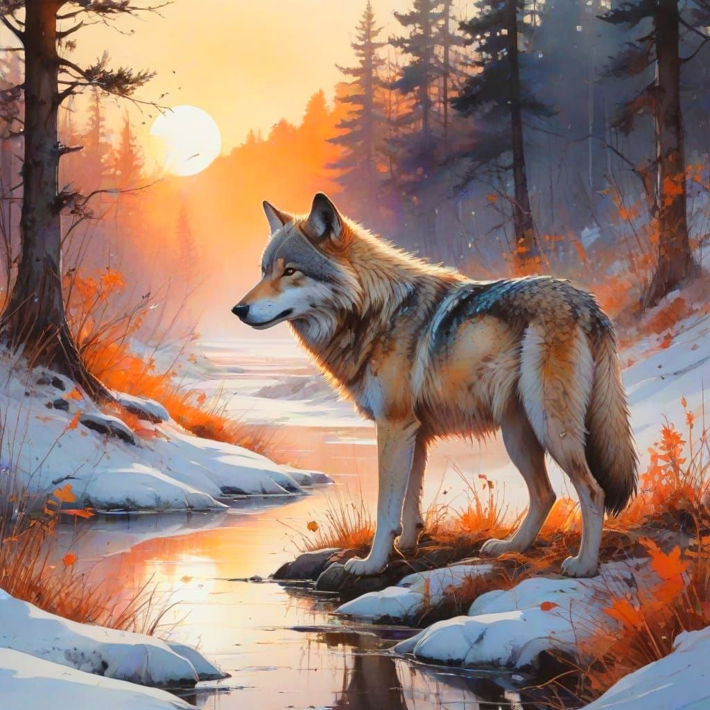 Moonlit Winter Tundra in Vibrant Watercolor