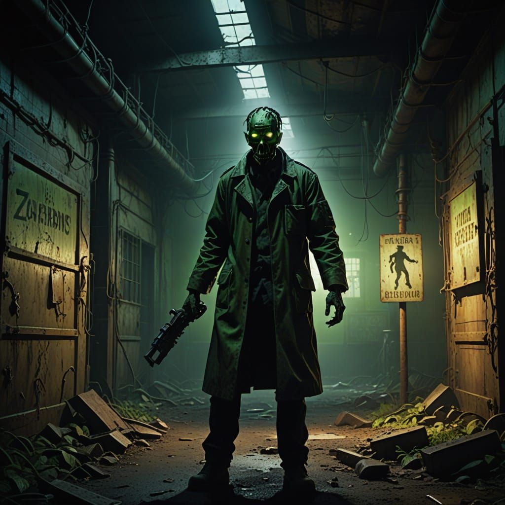 Surrealist Zombie Amidst Industrial Decay