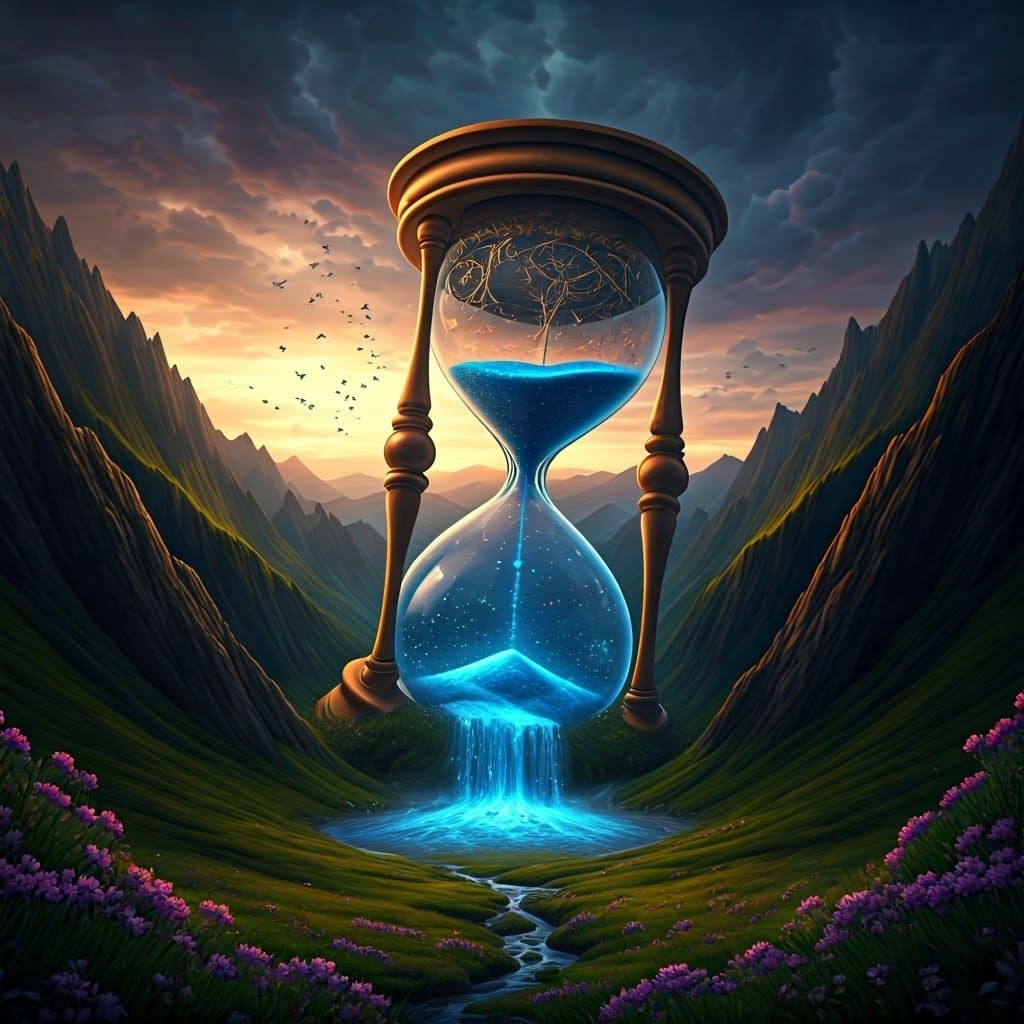 Ethereal Hourglass Amidst Stormy Mountainscape