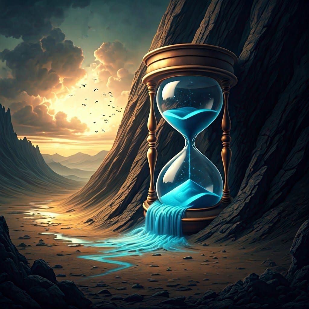 Ethereal Hourglass in Misty Mountain Landscape