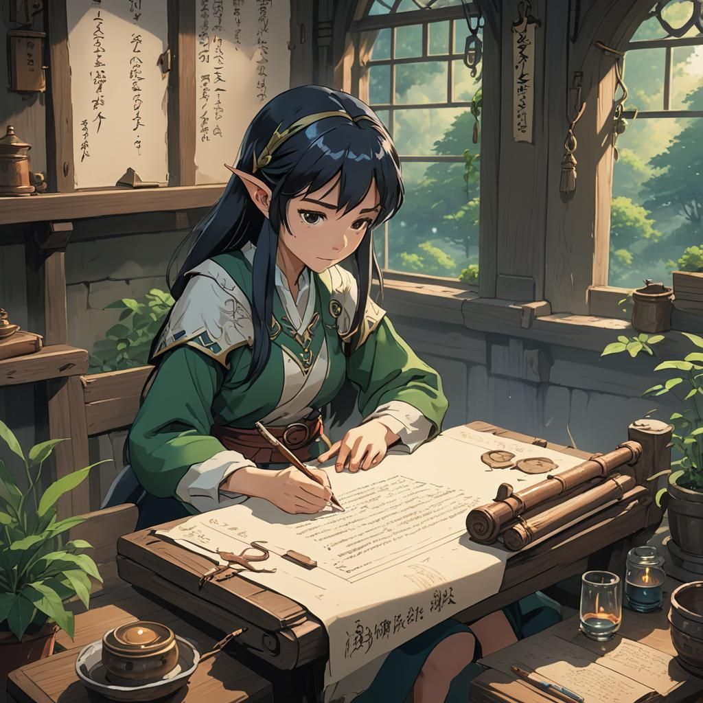 Enchanting Elf Scribes in Studio Ghibli Anime Style
