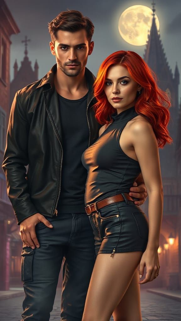 Cyberpunk Couple in Lunar Glow, Gothic City