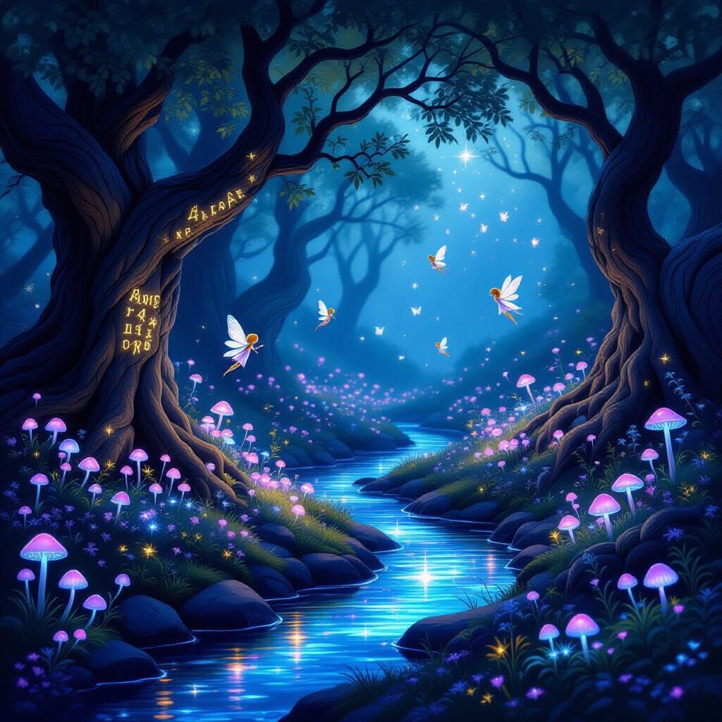 Enchanted Twilight Grove with Fairies and Bioluminescent Flo...