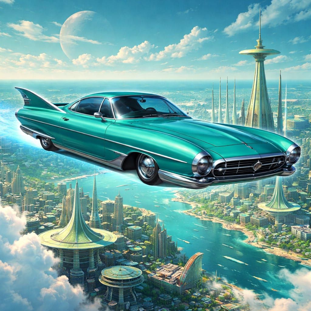 Retro-Futuristic Teal Car Soars Above Googie City